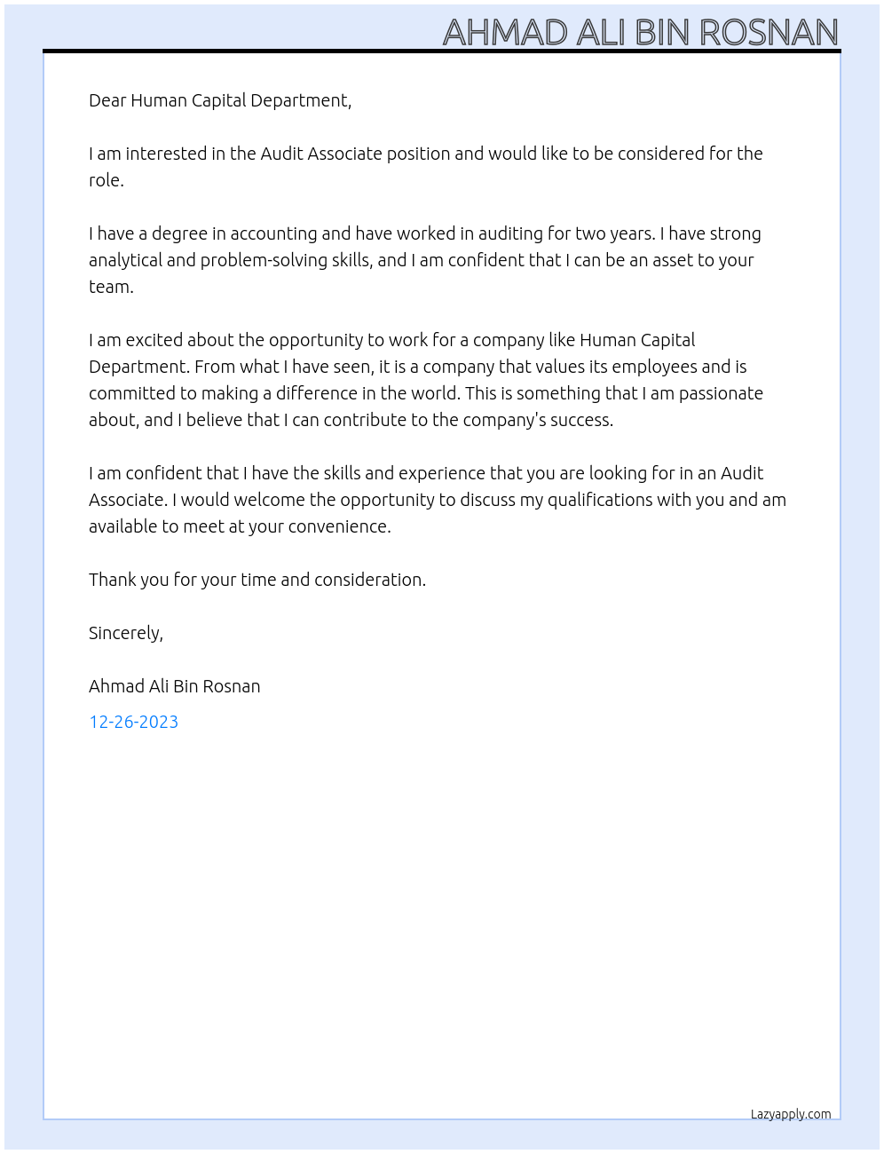 Audit Associate At Human Capital Department Cover Letter