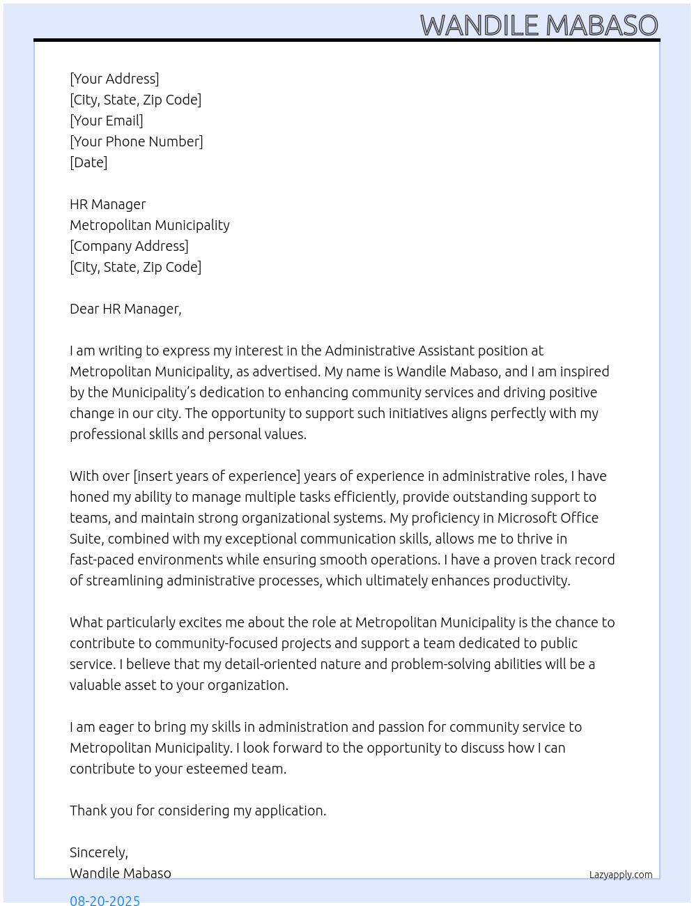 Administrative Assistant At Metropolitan Municipality Cover Letter