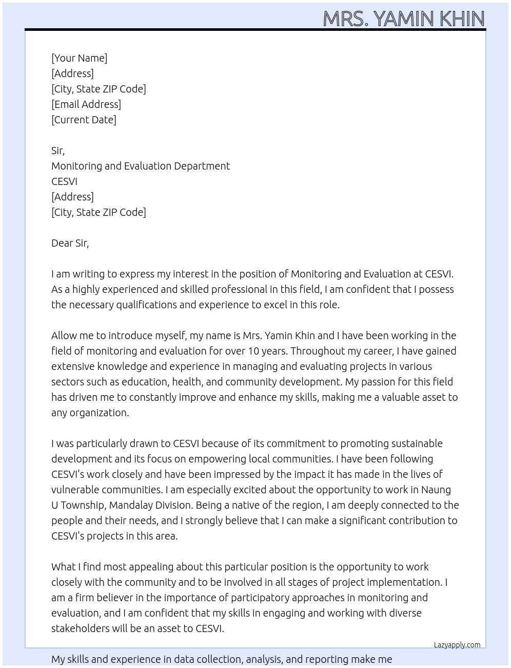 monitoring and evaluation At CESVI Cover Letter
