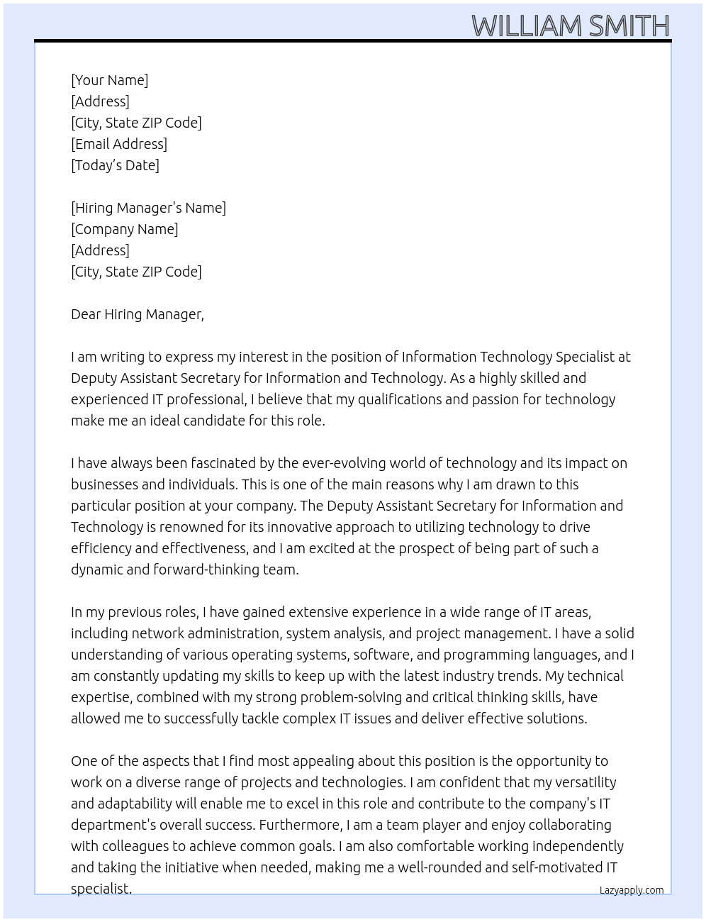 Information Technology Specialist At Deputy Assistant Secretary for Information and Technology Cover Letter