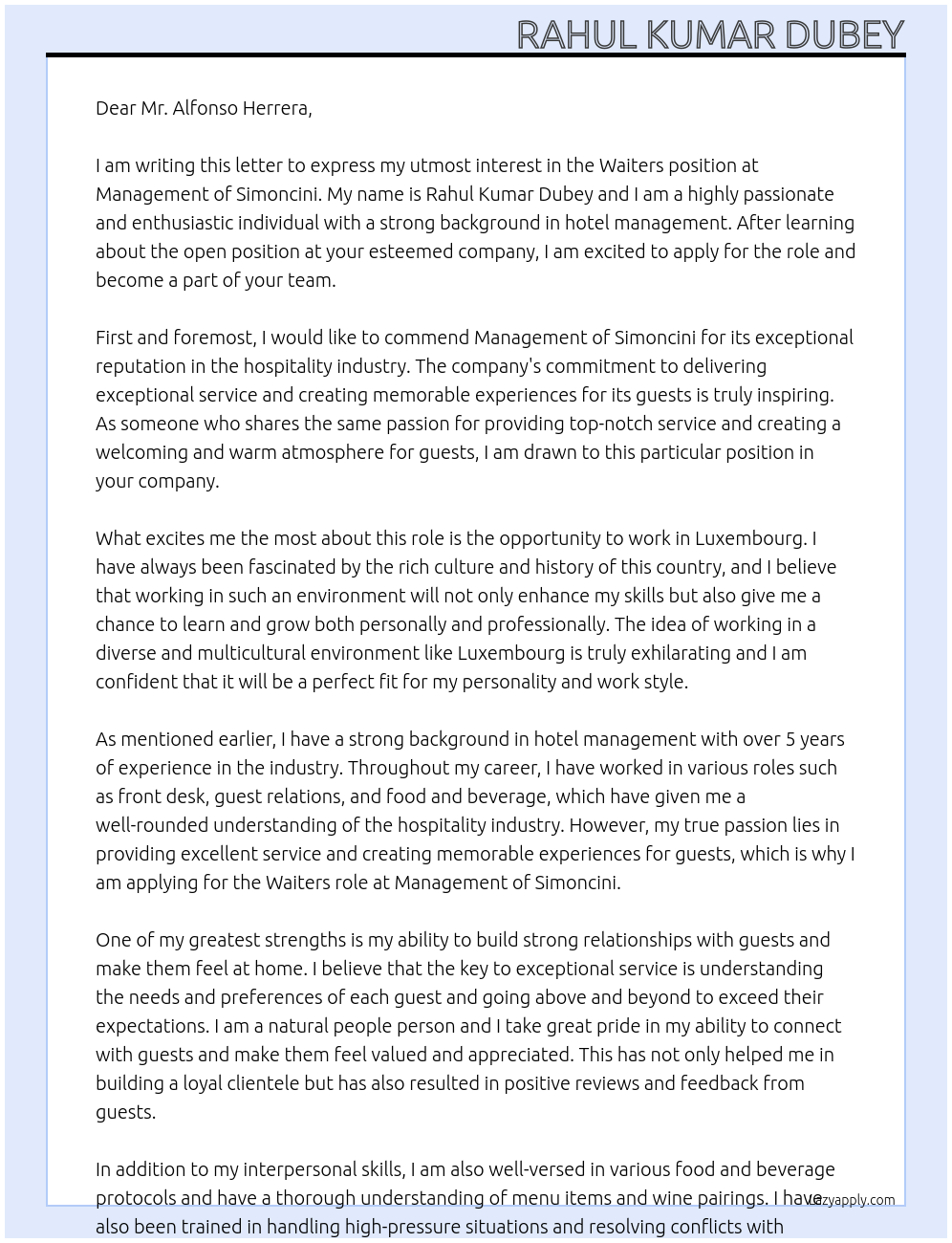 Waiters At Management of simoncini Cover Letter