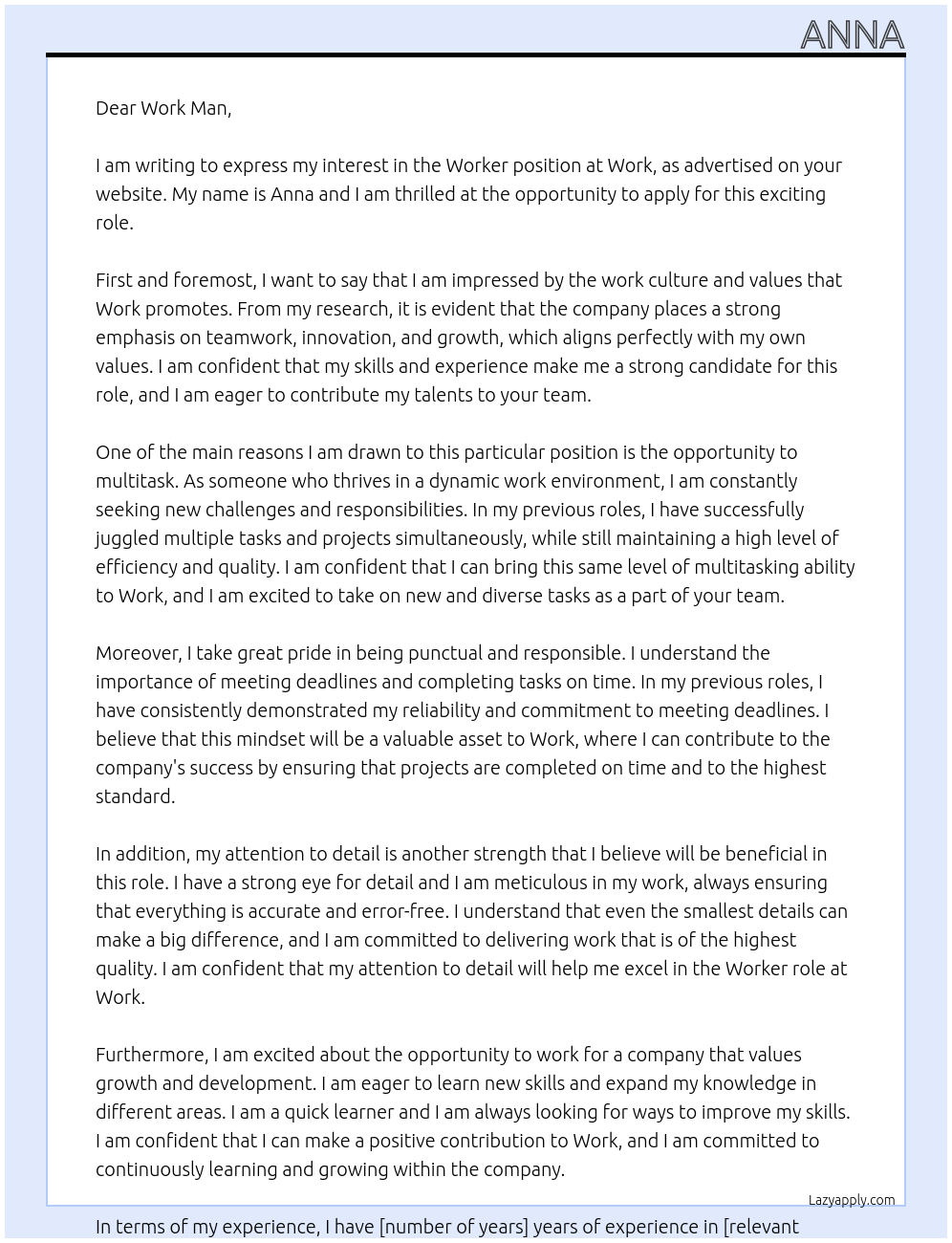 Worker At Work Cover Letter