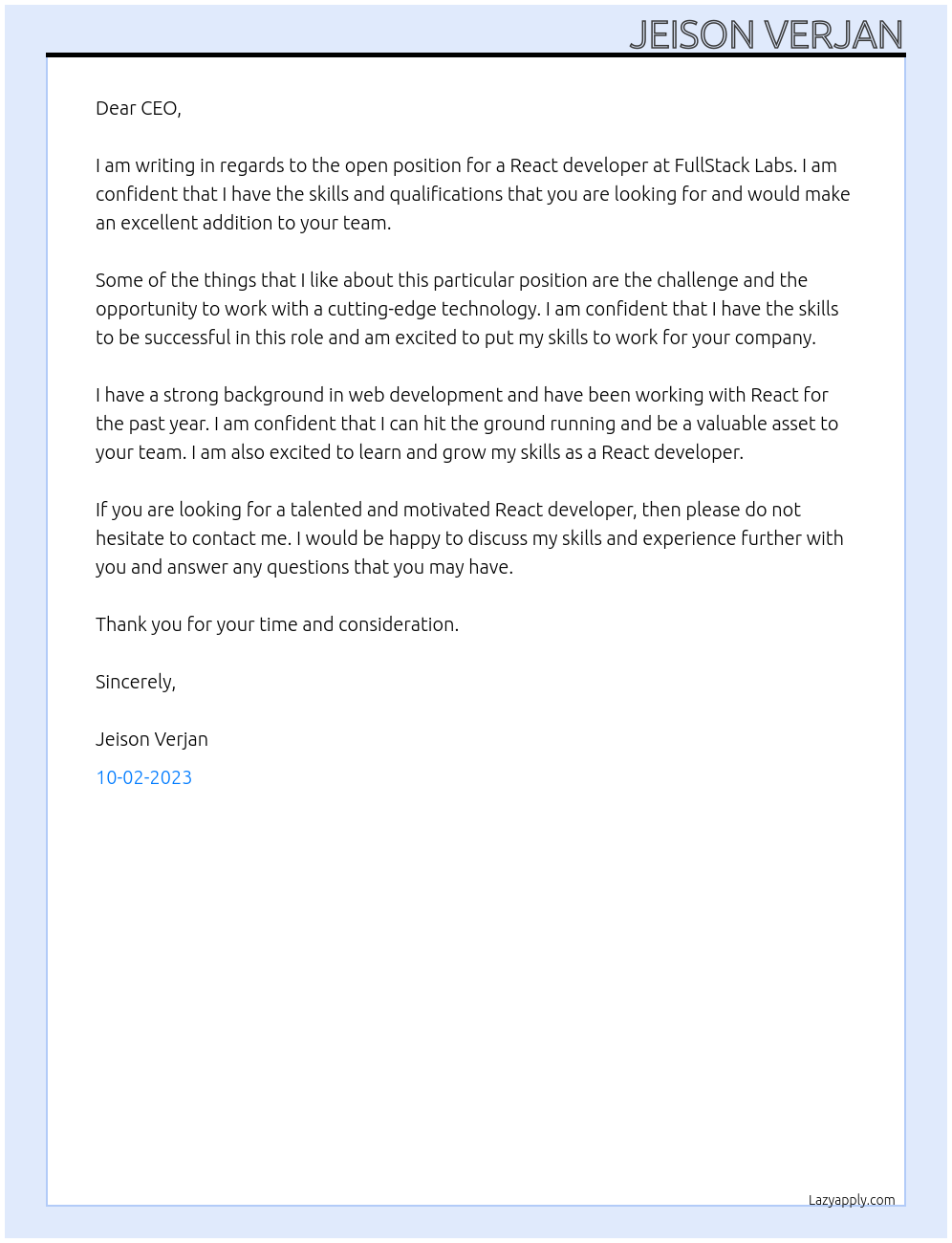 React developer At FullStack Labs Cover Letter