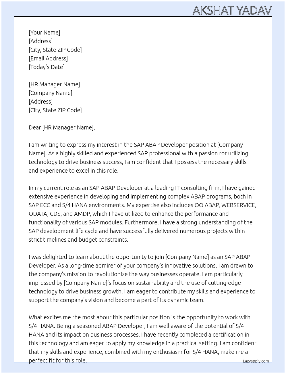 SAP ABAP DEVELOPER At SAP Cover Letter