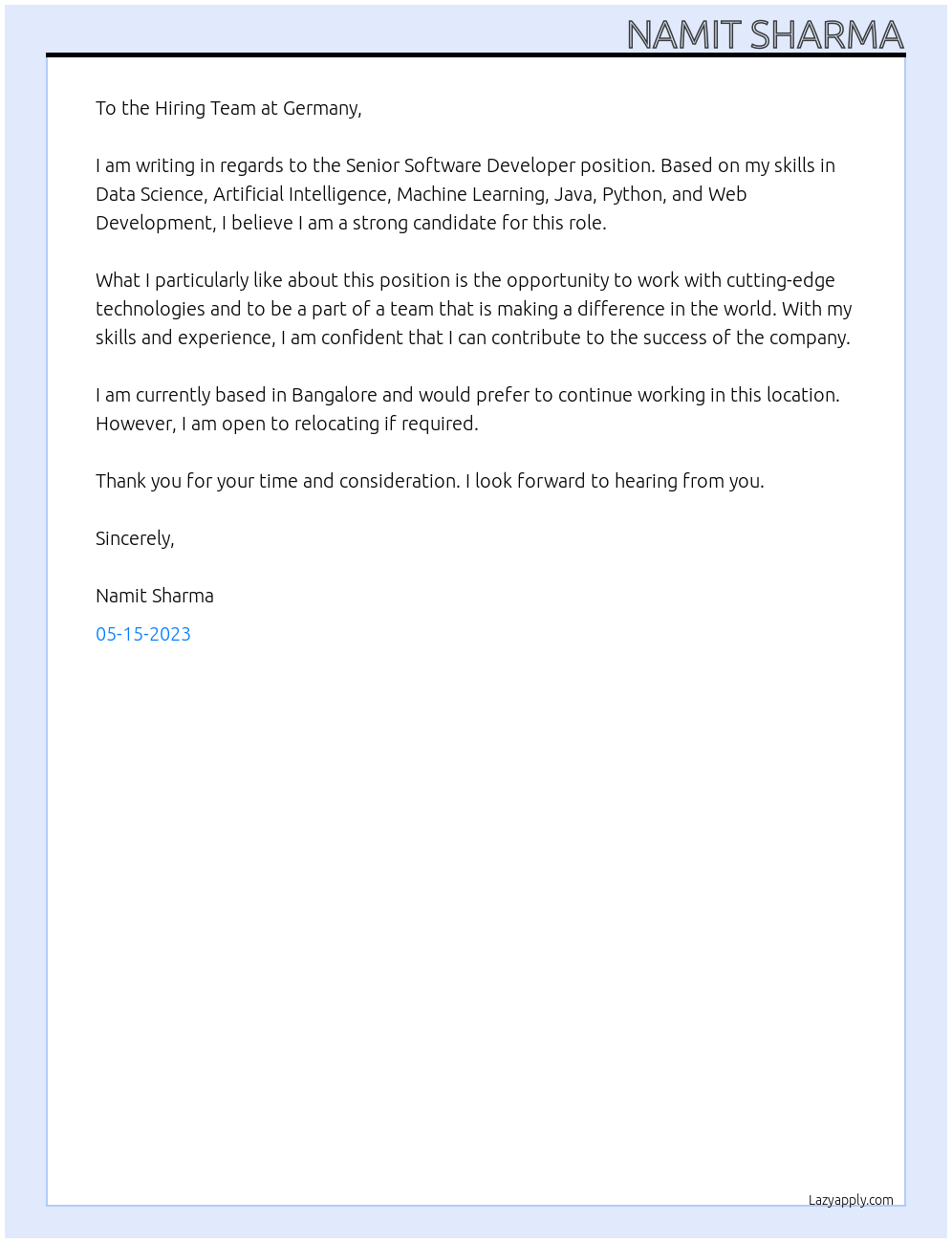 Senior Software Developer At Germany Cover Letter
