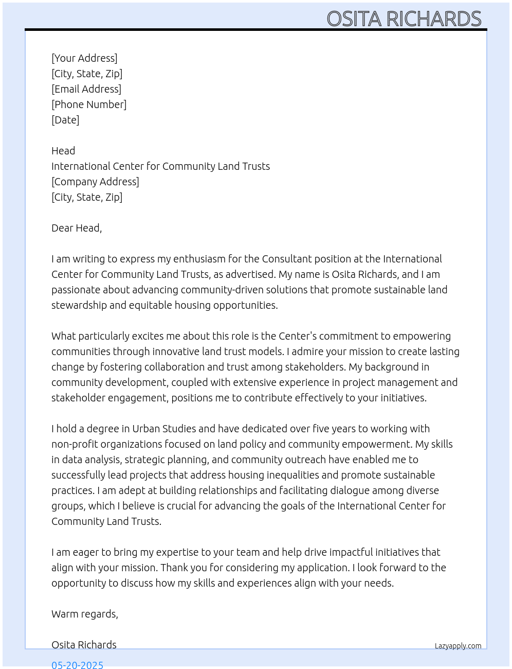 Consultant At International Center for Community Land Trusts Cover Letter