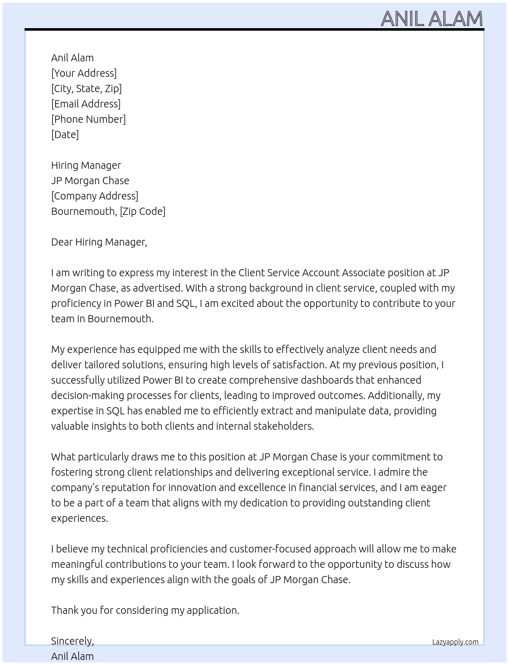 Client Service Account Associate At JP Morgan chase Cover Letter