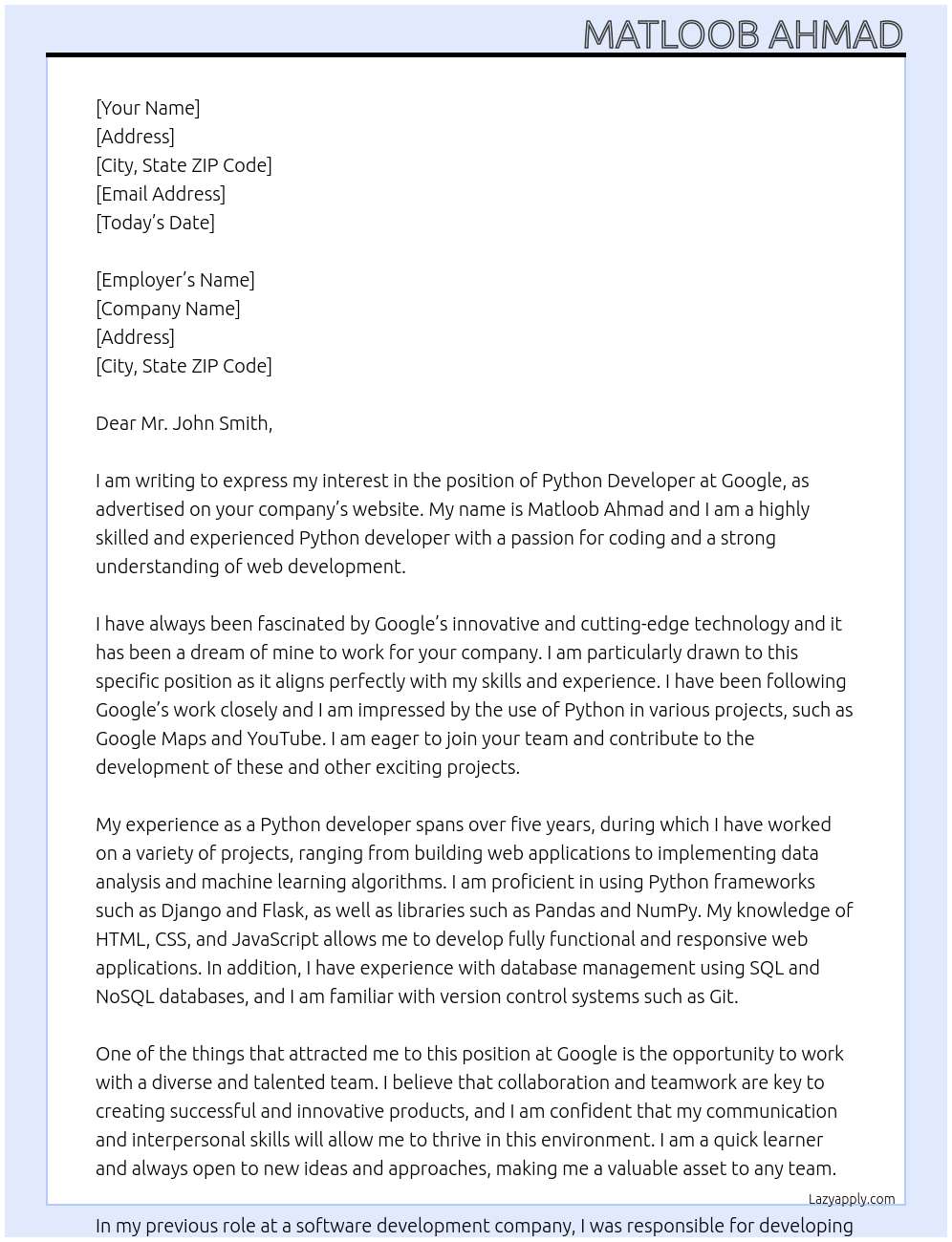 Cover letter for pthon developer - LazyApply