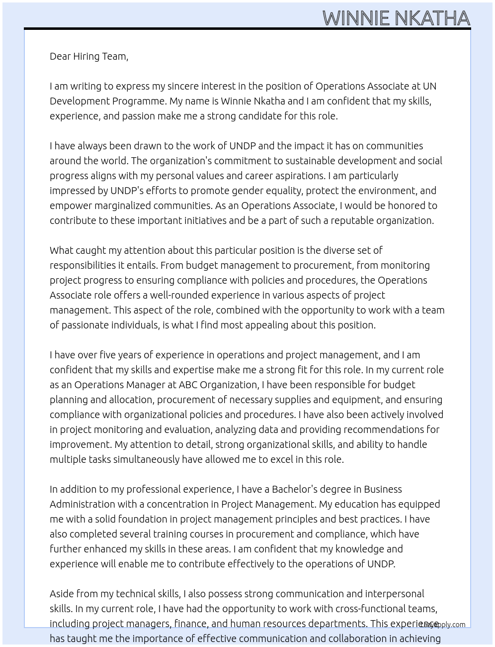 Operations Associate At UN Development Programme Cover Letter