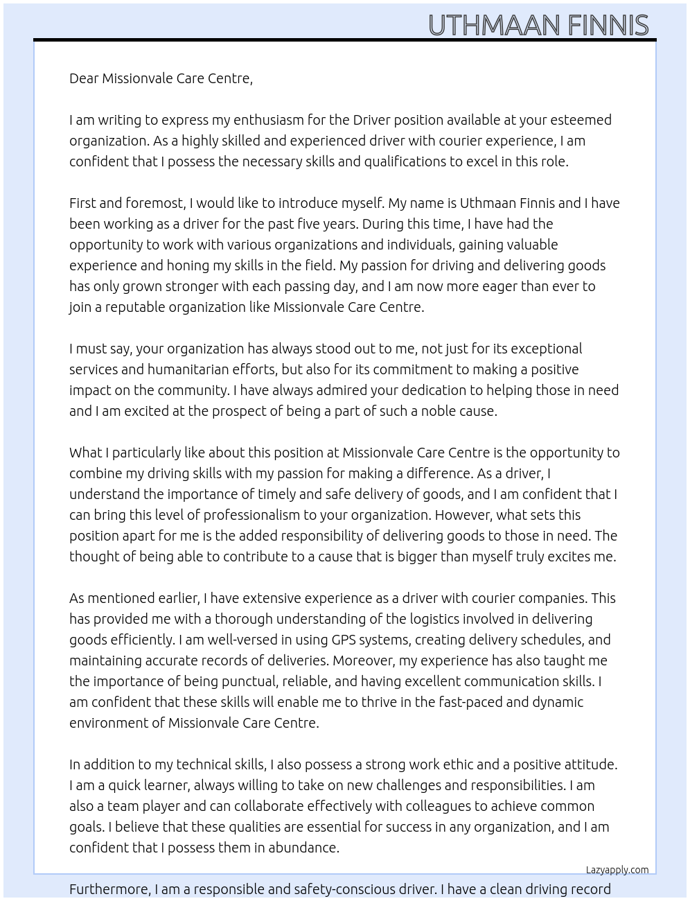 Driver position At Missionvale Care Centre Cover Letter