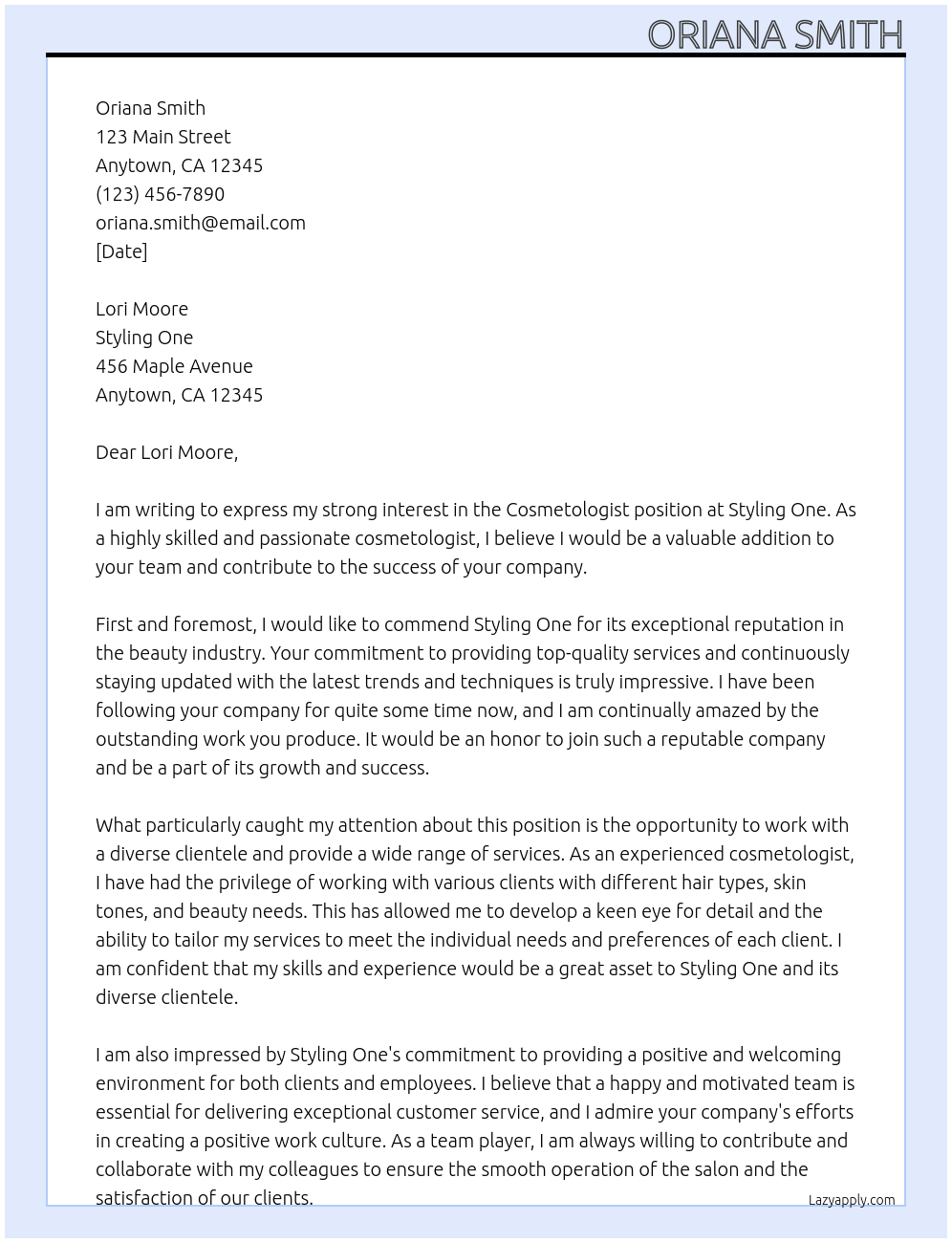 Cosmetologist At Styling one Cover Letter