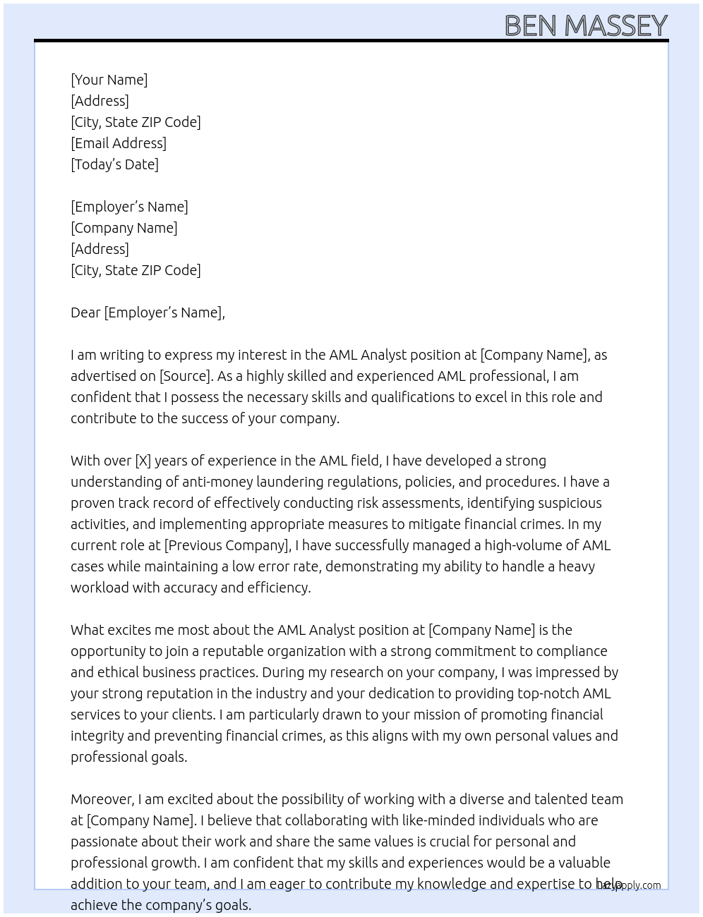 AML Analyst At FILL Cover Letter