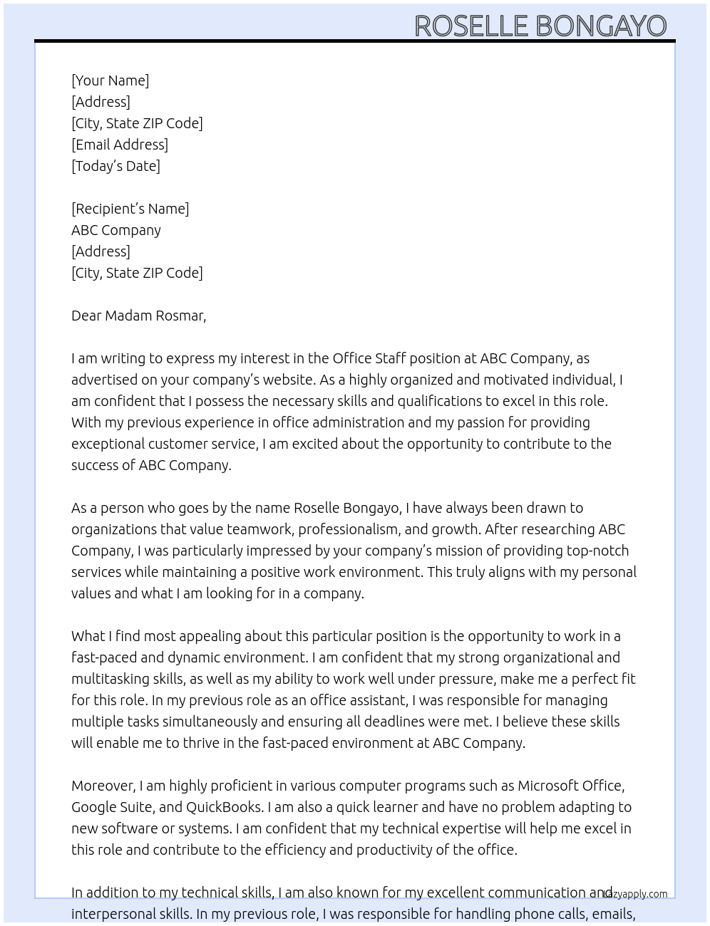 Office staff At ABC COMPANY Cover Letter