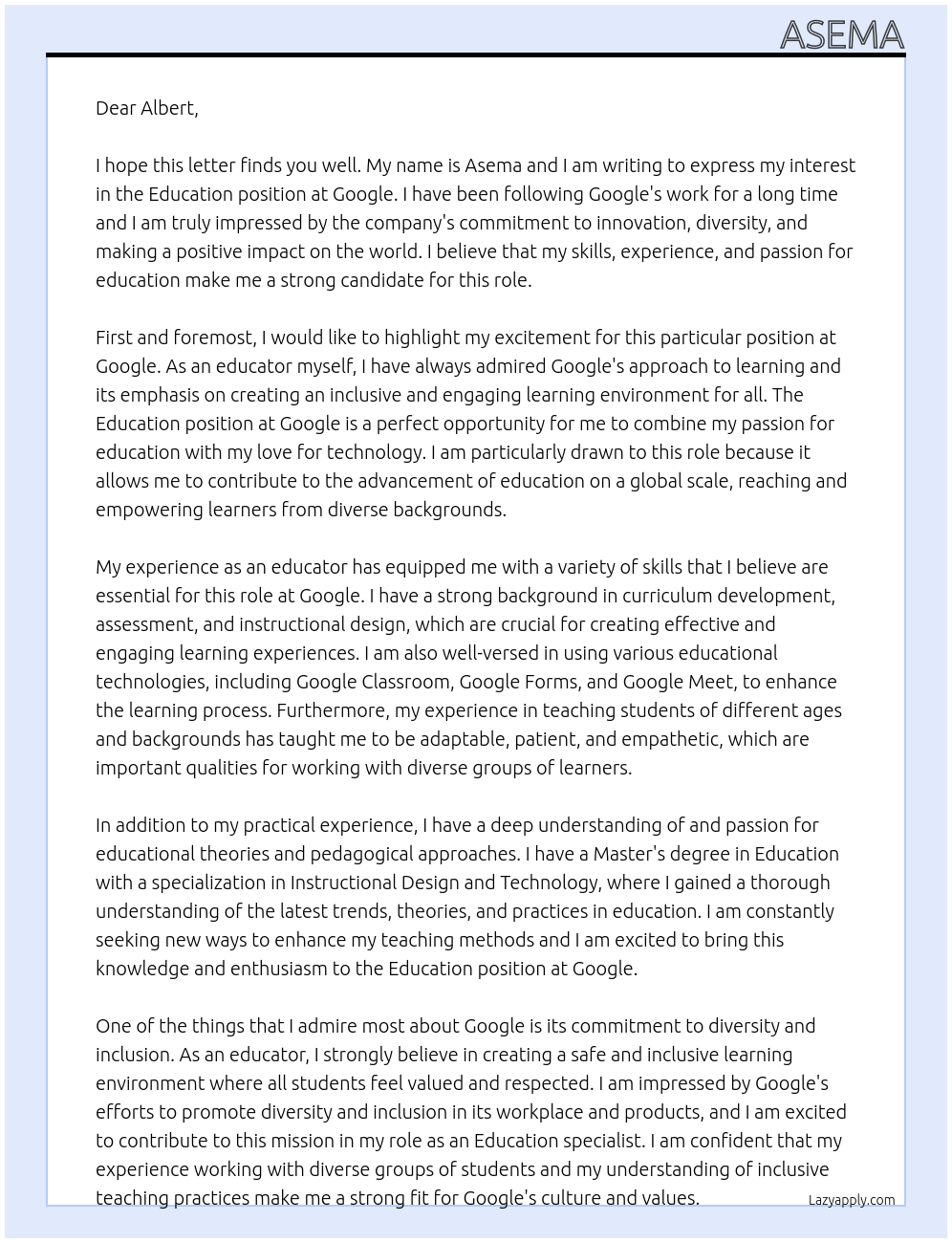 Education At Google Cover Letter