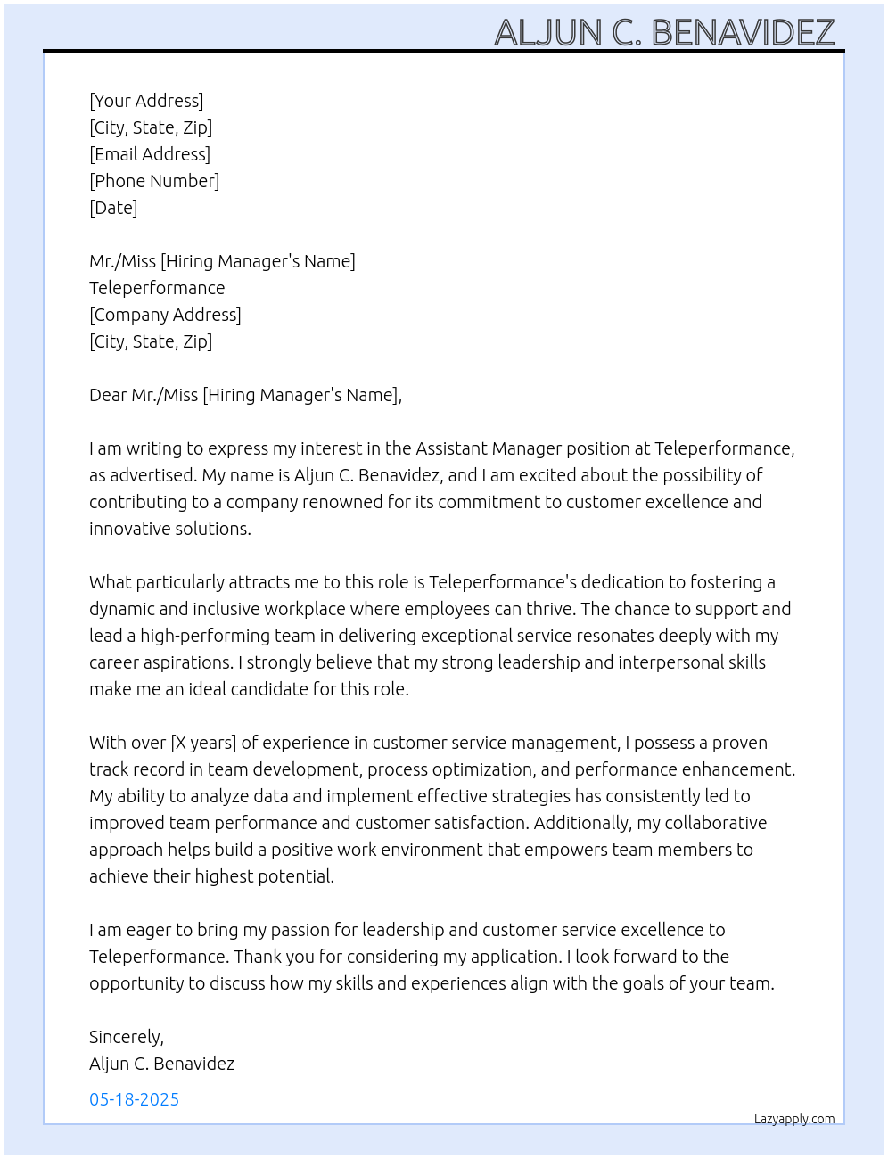 Assistant Manager At Teleperformance Cover Letter