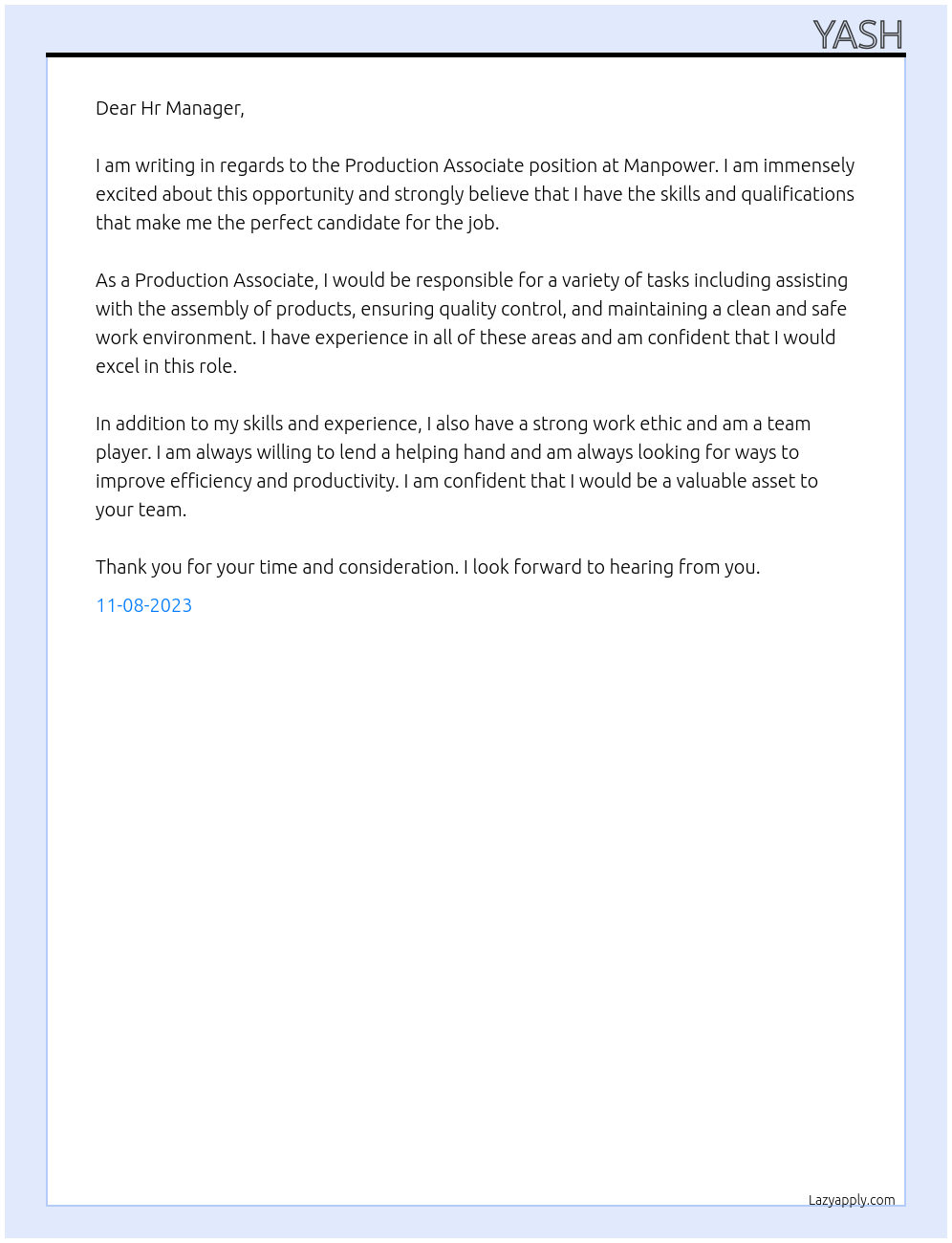 Production Associate At Manpower Cover Letter