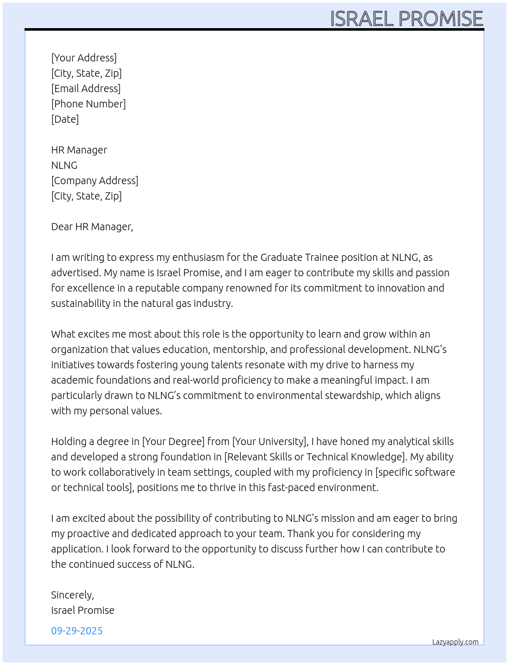 Graduate Trainee At NLNG Cover Letter