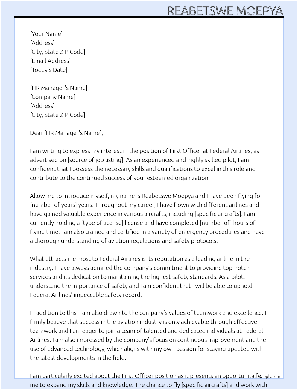 First Officer At Federal Airlines Cover Letter