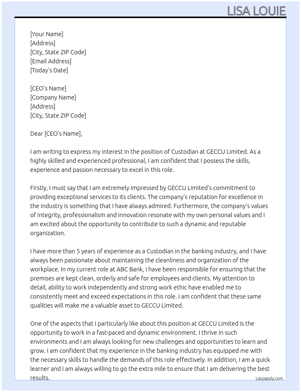 Custodian At GECCU Limited Cover Letter