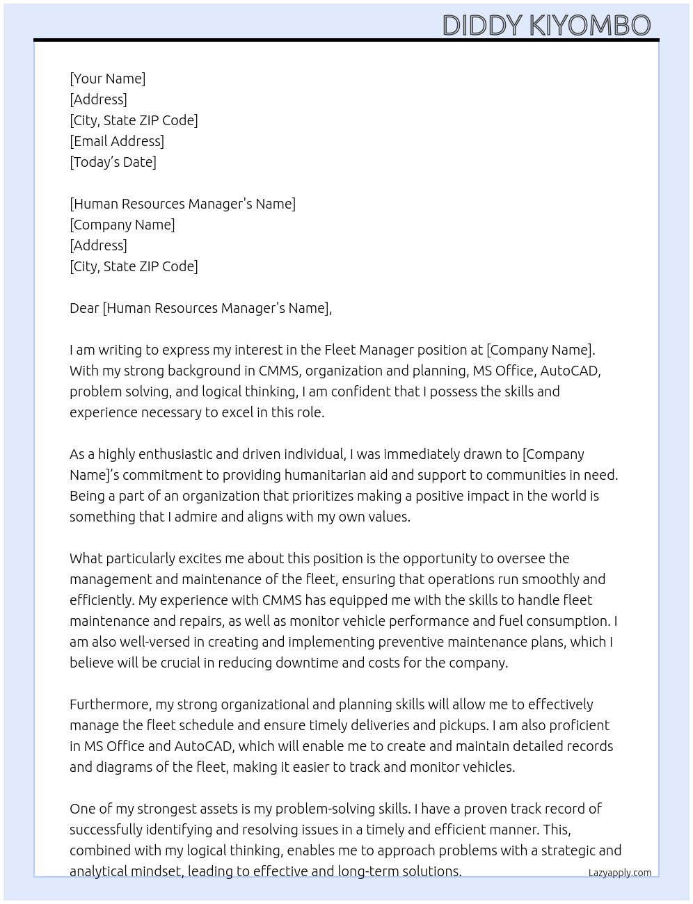 Cover letter for fleet manager - LazyApply
