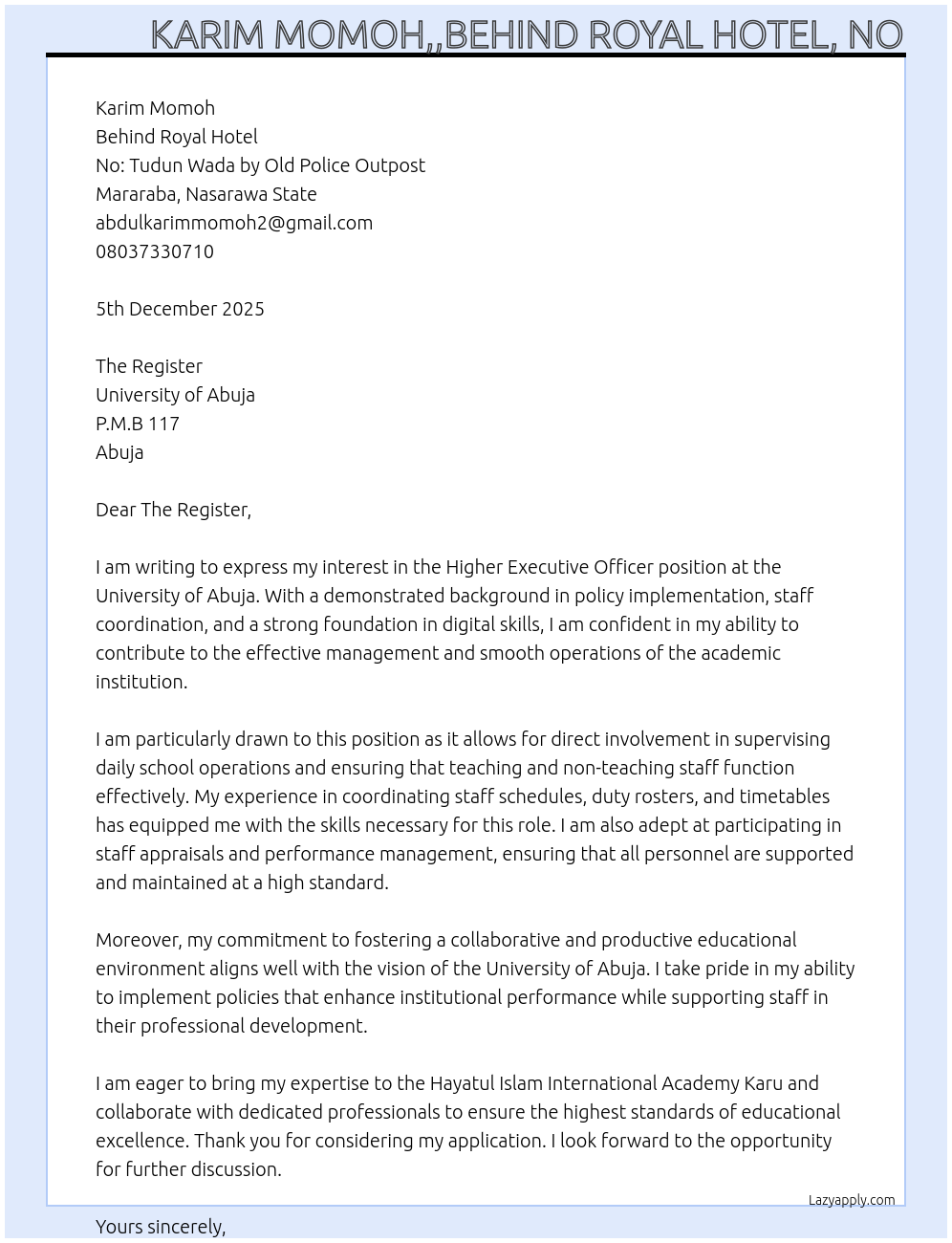 Cover letter for higher executive officer - LazyApply