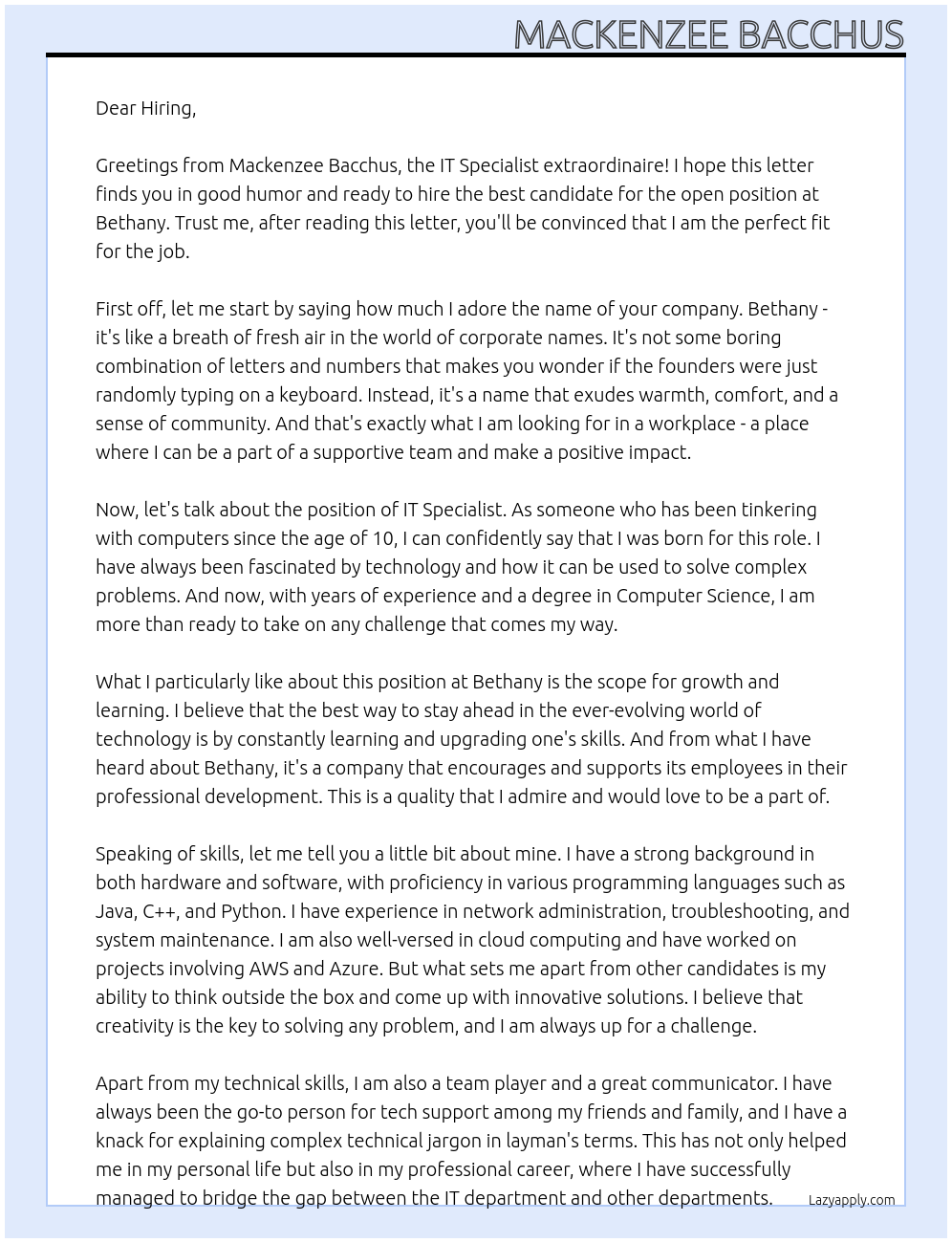 IT Specialist At Bethany Cover Letter