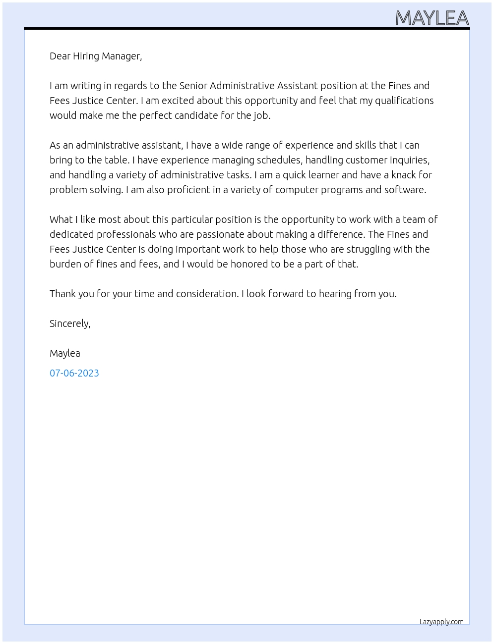 Senior Administrative Assistant At Fines and Fees Justice Center Cover Letter