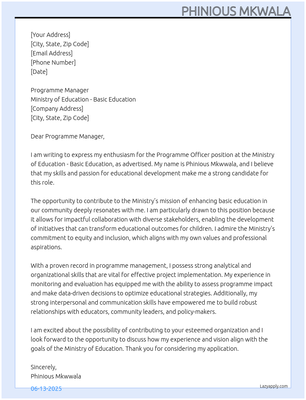 Programme officer At ministry of education basic education Cover Letter