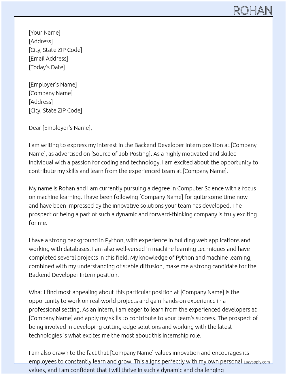Backend Developer Intern At General Cover Letter