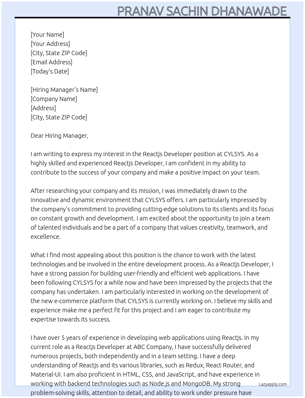Reactjs Developer At CYLSYS Cover Letter
