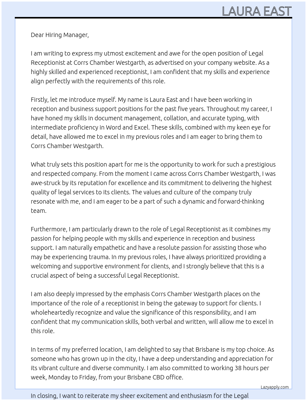 Legal Receptionist At Corrs Chamber westgarth Cover Letter