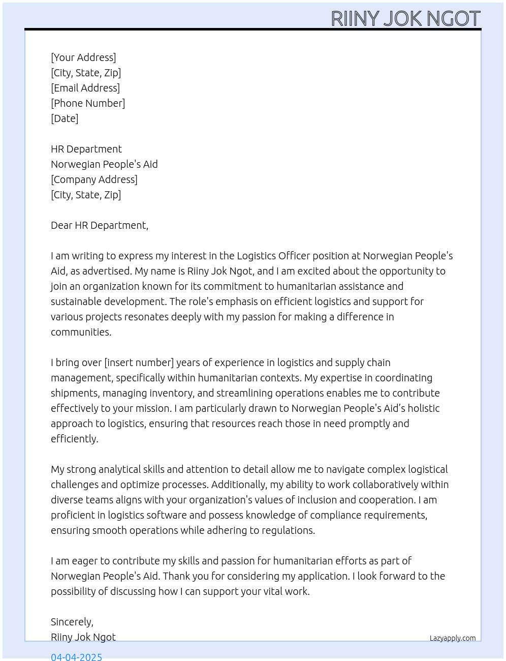 Logistics Officer At Norwegian People's aid Cover Letter