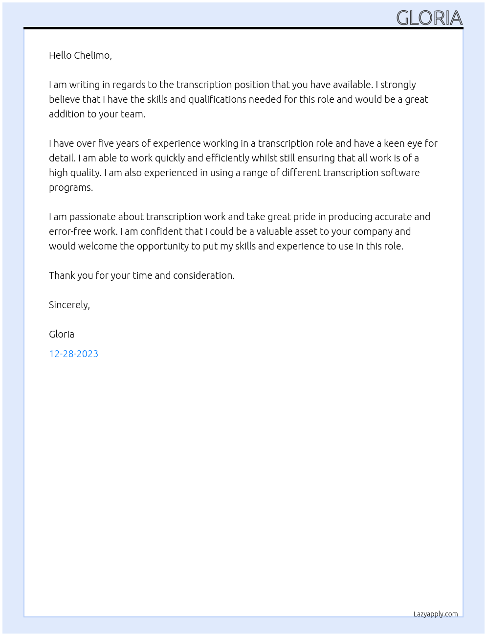 Transcription At chelimo Cover Letter