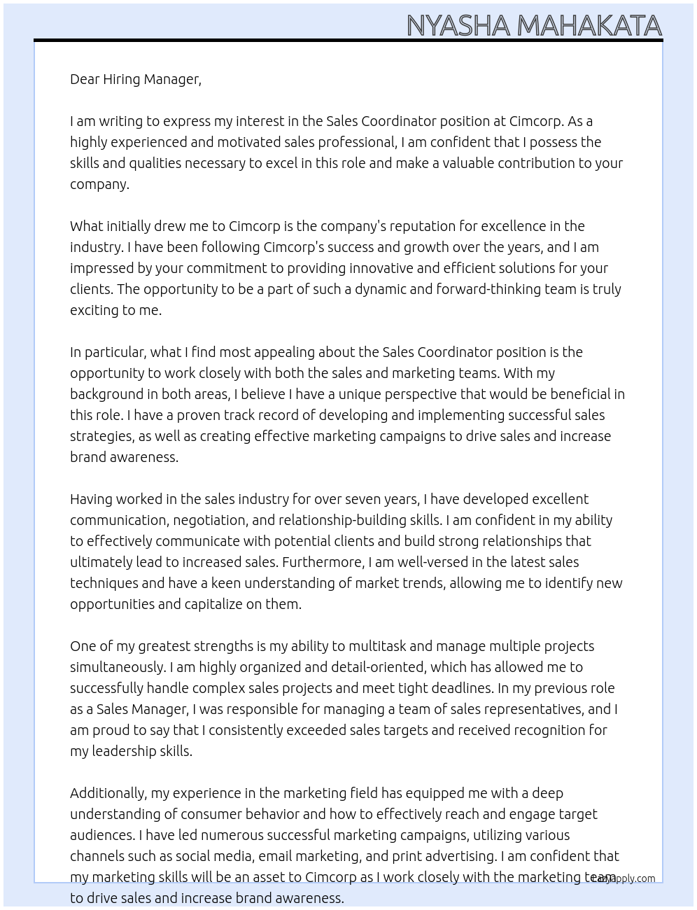 sales coordinator At Cimcorp Cover Letter