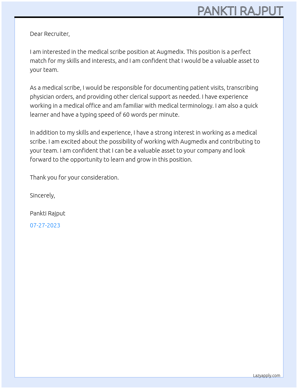 medical scribe At augmedix Cover Letter