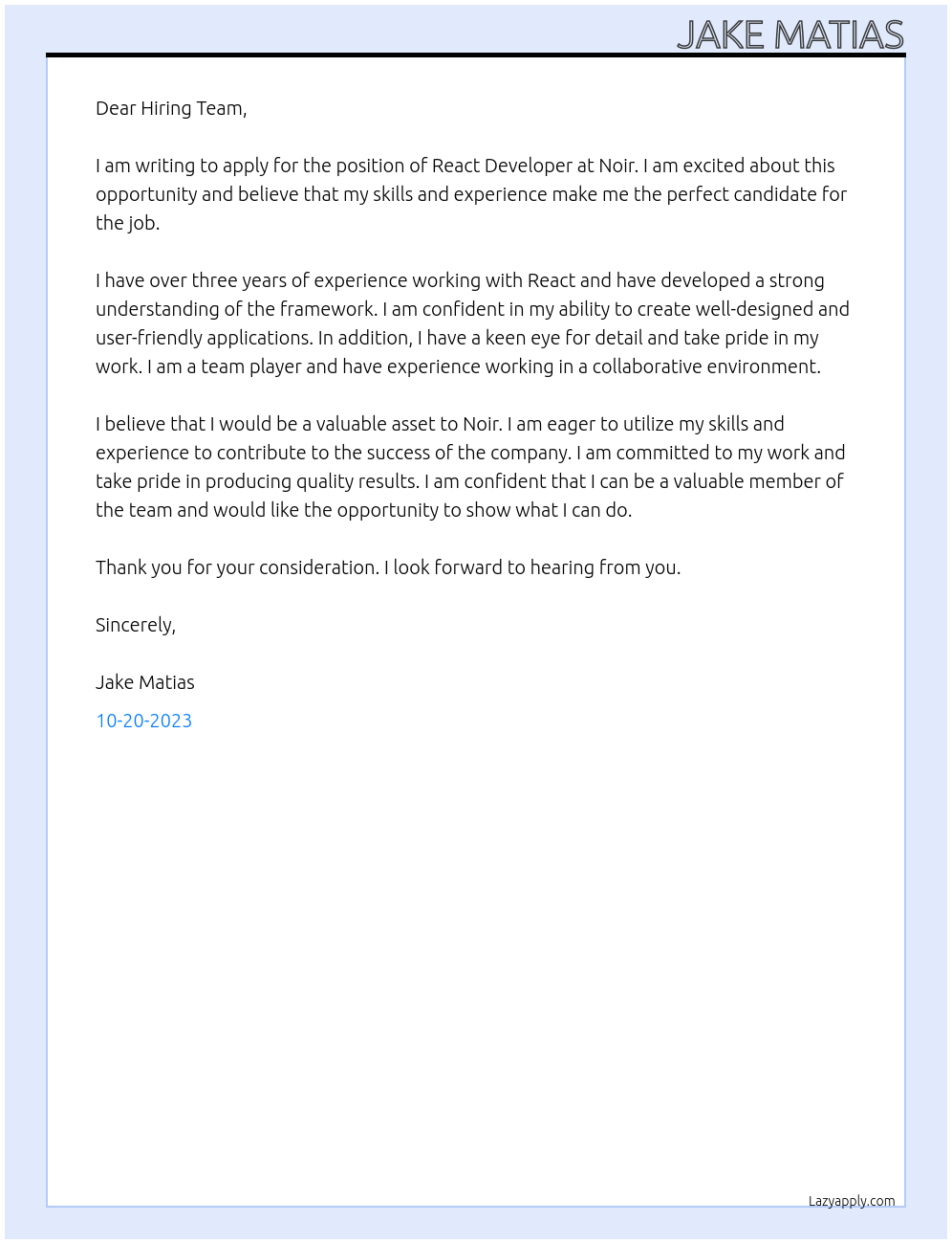 React Developer At Noir Cover Letter
