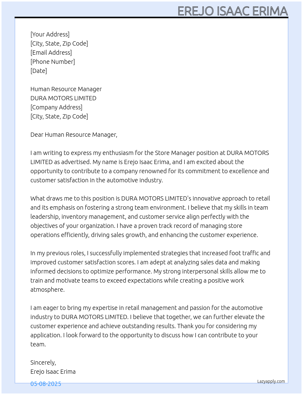 Store Manager At DURA MOTORS LIMITED Cover Letter