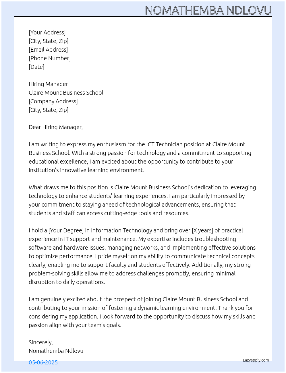 ICT Technician At Claire Mount Business School Cover Letter