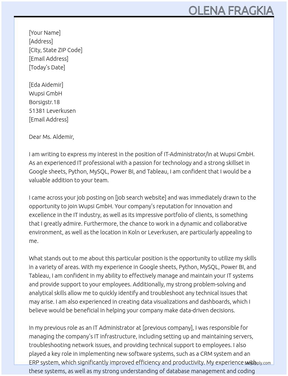 IT-Administrator/in At Wupsi GmbH Cover Letter