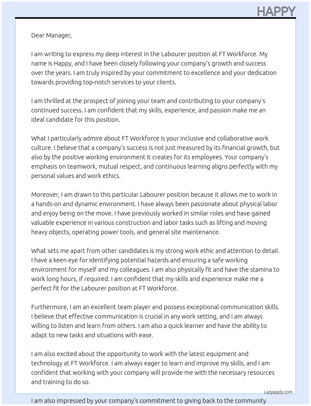 Labourer At FT workforce Cover Letter