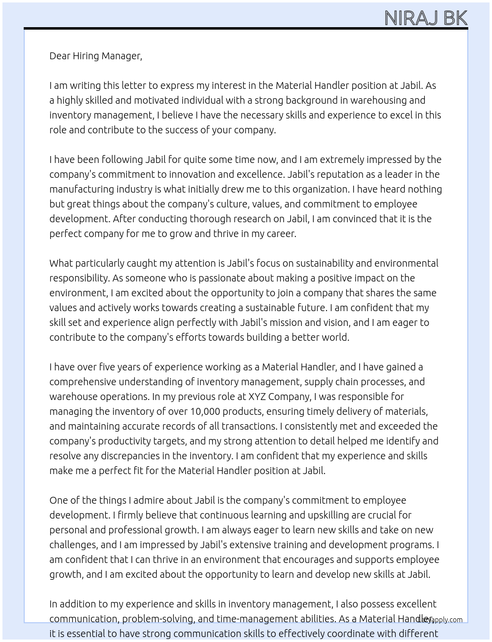 Material handler At Jabil Cover Letter