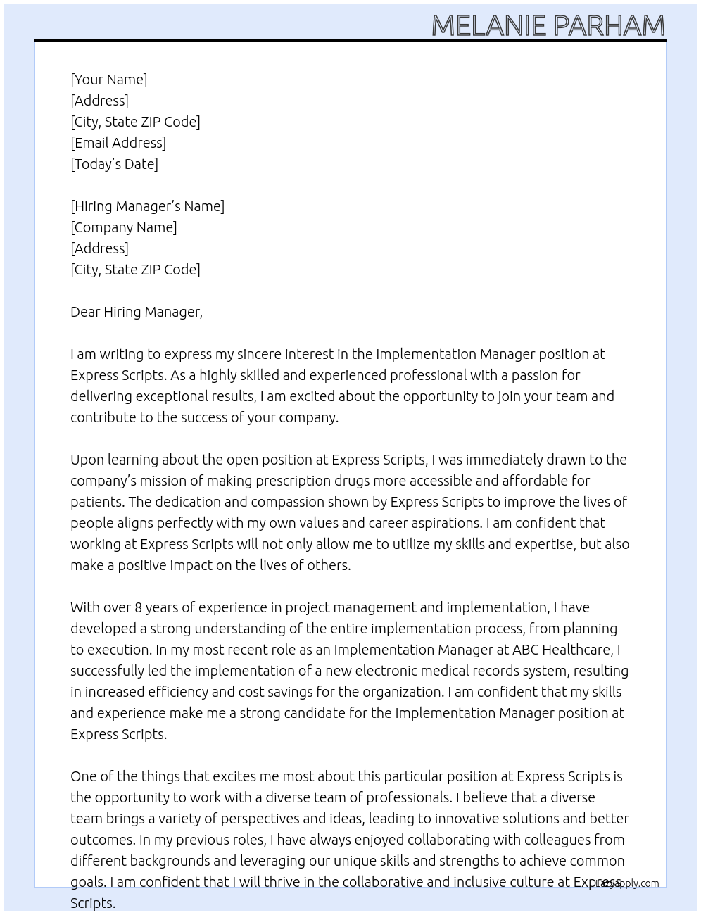 Cover letter for implementation manager - LazyApply