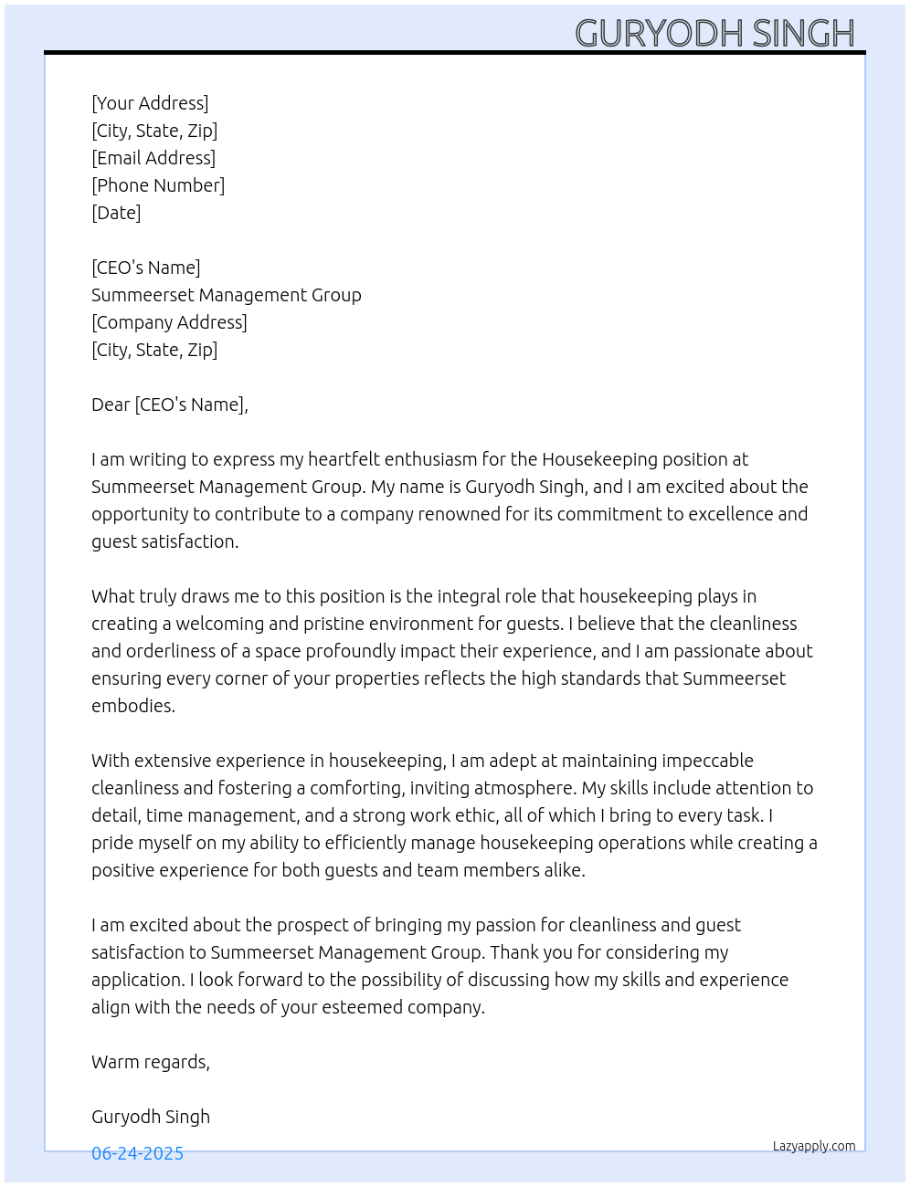 Housekeeping At Summeerset mangimemint.group Cover Letter