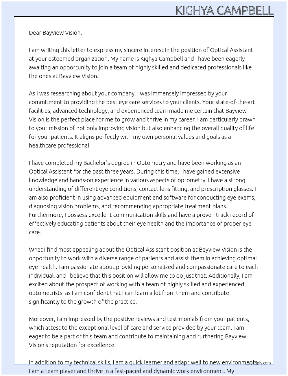 Optical assistant At Bayview Vision Cover Letter