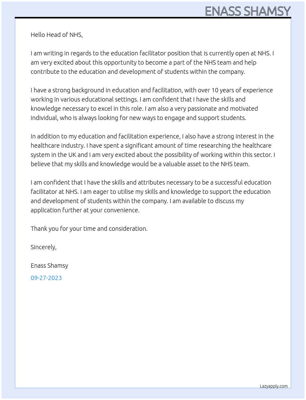 education facilitator At NHS Cover Letter