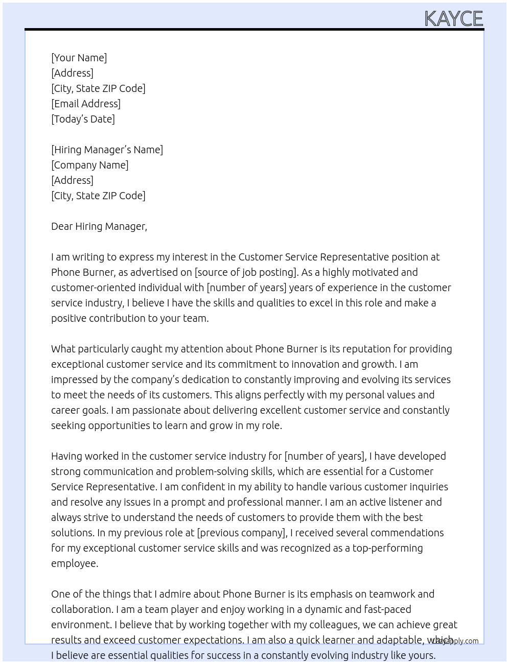 Customer Service Rep At Phone Burner Cover Letter