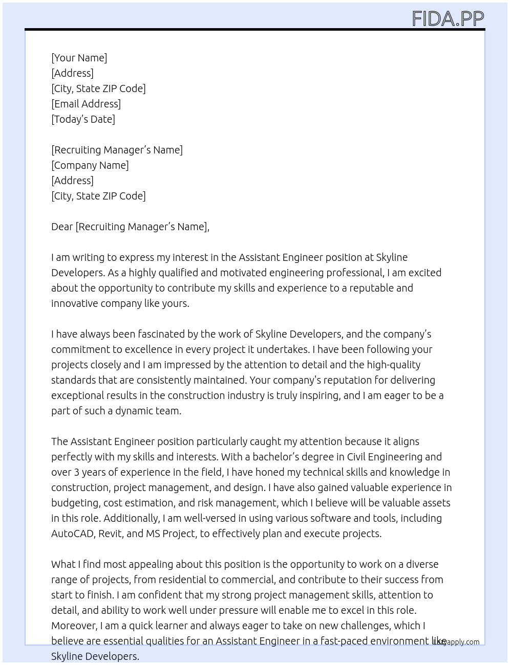 Assistant engineer At Skyline developers Cover Letter