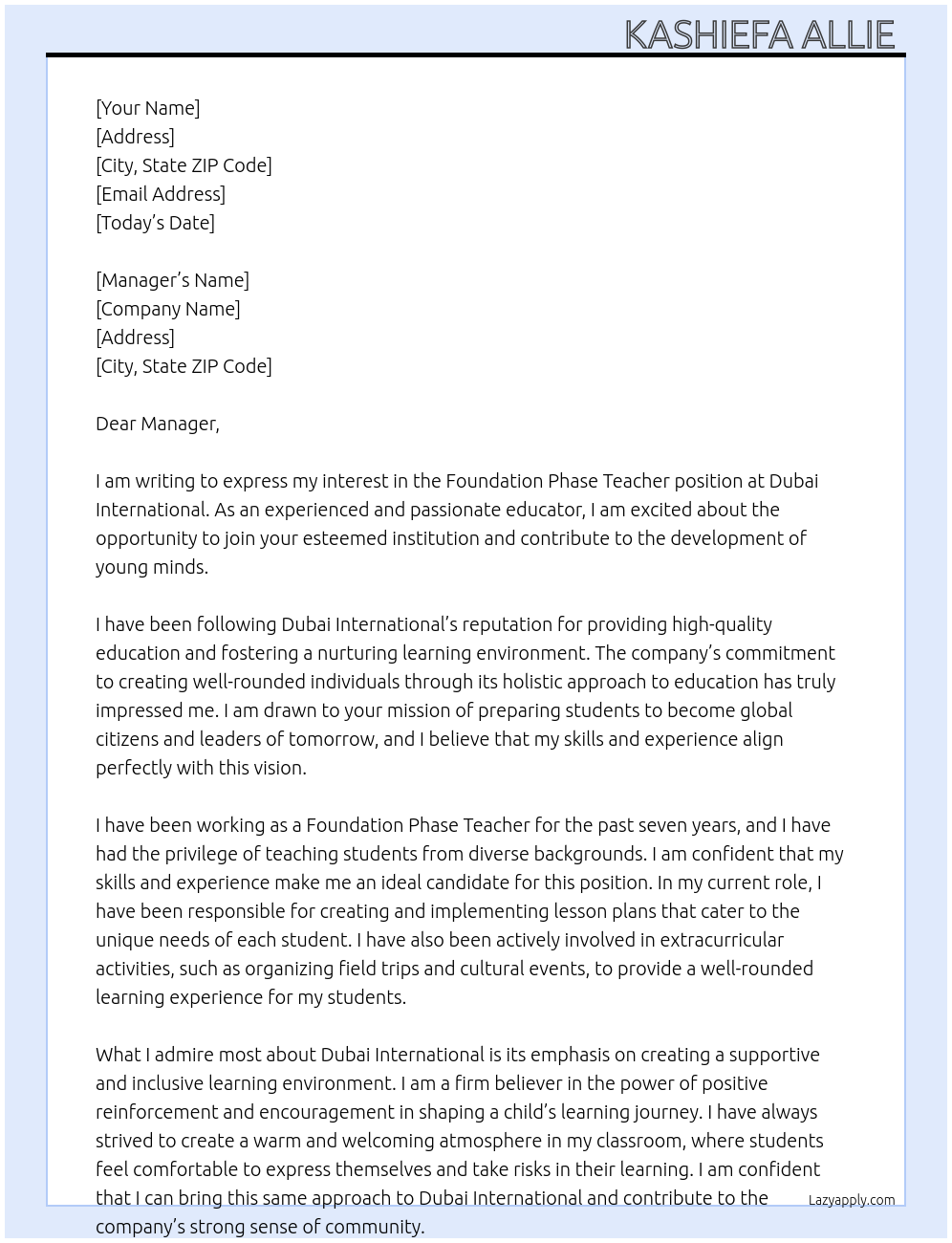 Foundation phase teacher At Dubai international  Cover Letter