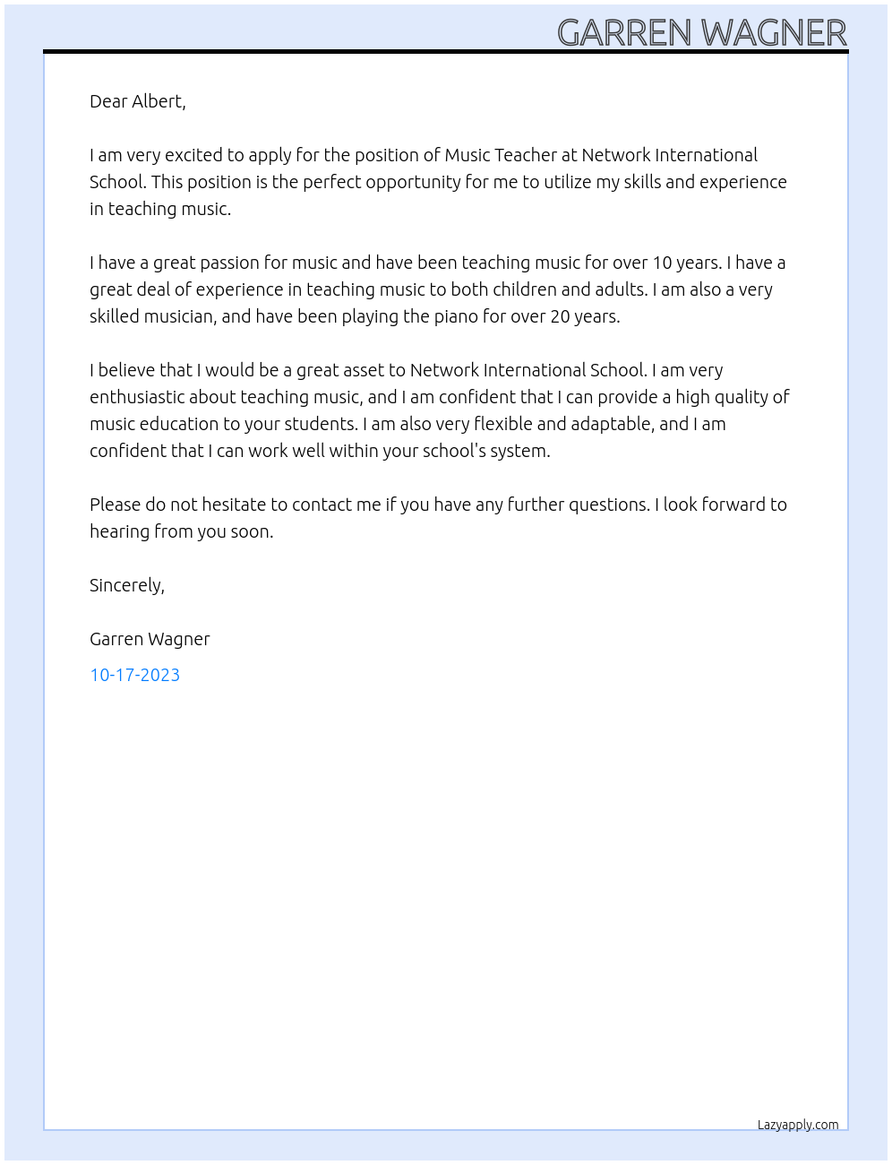Music Teacher At Network International School Cover Letter