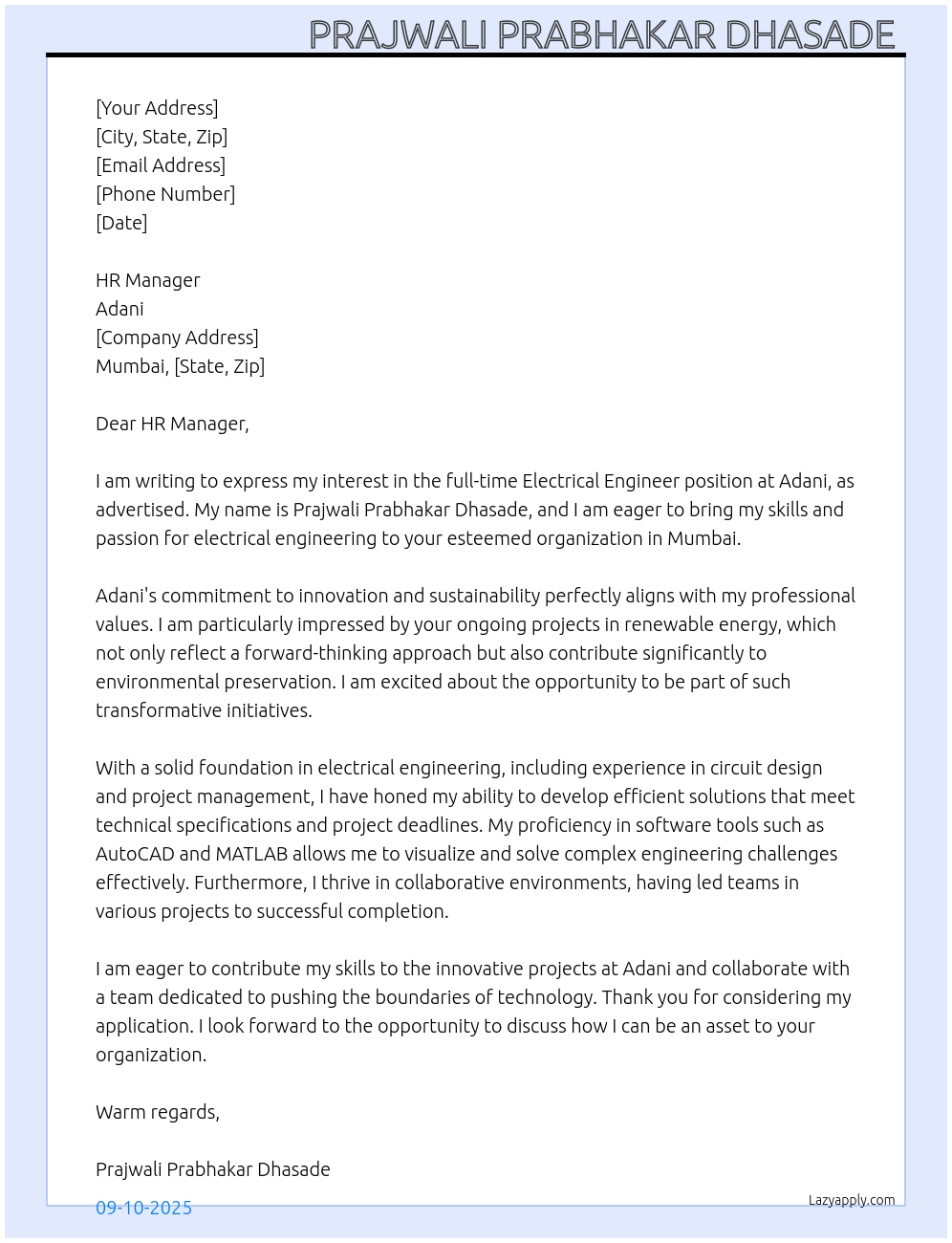 Electrical engineer At Adani Cover Letter